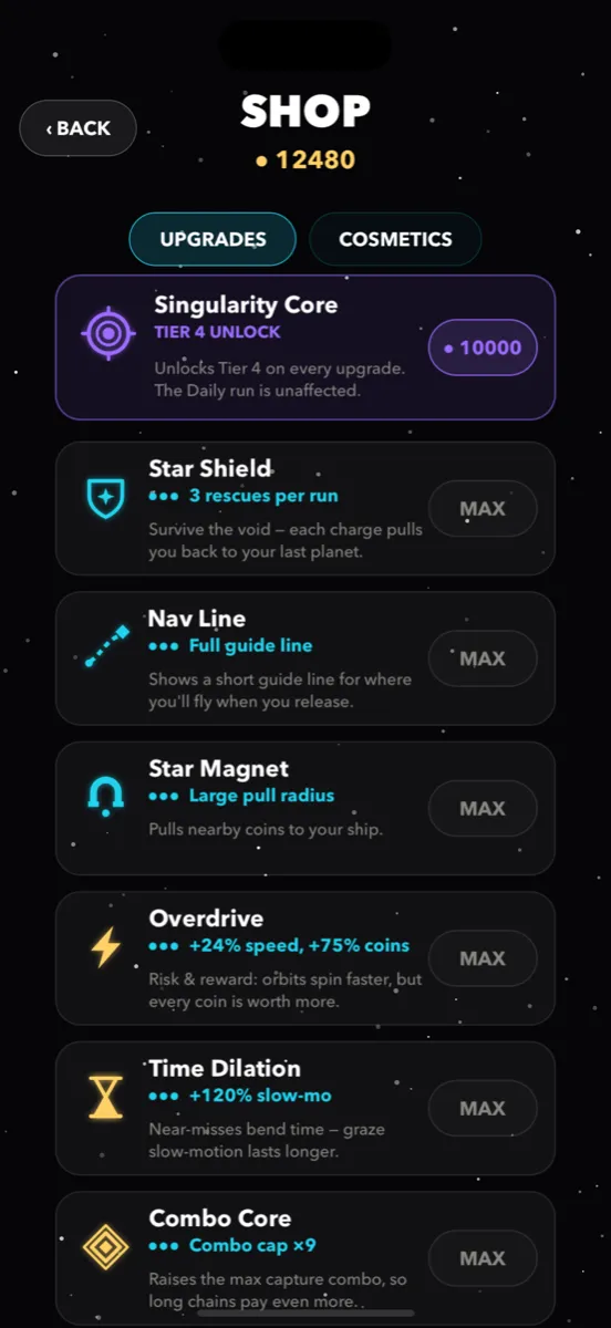 The shop with the Singularity Core and maxed upgrades